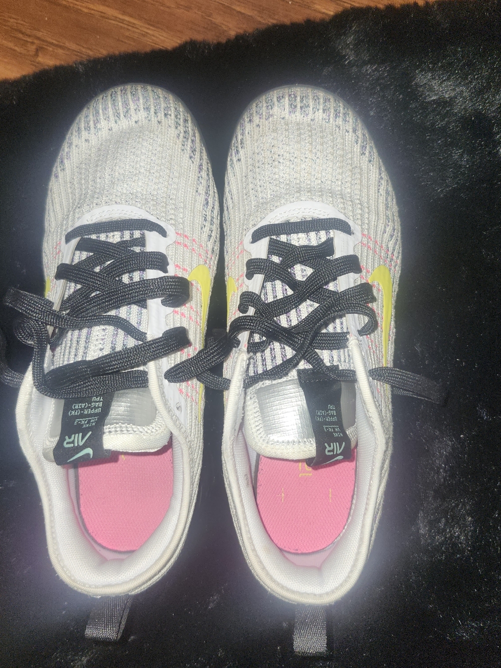 Nike Women's Knit Sneakers in White with Yellow Swoosh and Pink Insole